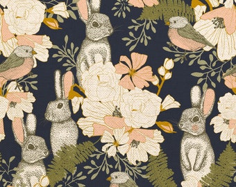 Collection Brise d'automne, brise d'automne, lapin et roses sur fond bleu - Paintbrush Studio Fabrics