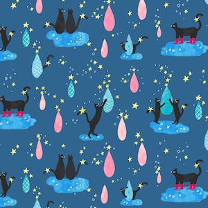 Snazzy Cats, Rainy day Cats on Blue from Cosmo Textiles, 100% Cotton