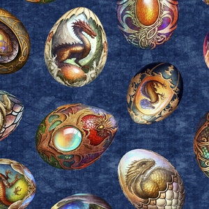 May include: A blue background with multiple colorful dragon eggs. Each egg is decorated with intricate designs and features a dragon inside. The eggs are oval shaped and have a glossy finish.