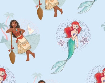 Disney Princess  - Princess Multi Badge on Blue, The Little Mermaid & Moana,  100% Cotton,  1 yard