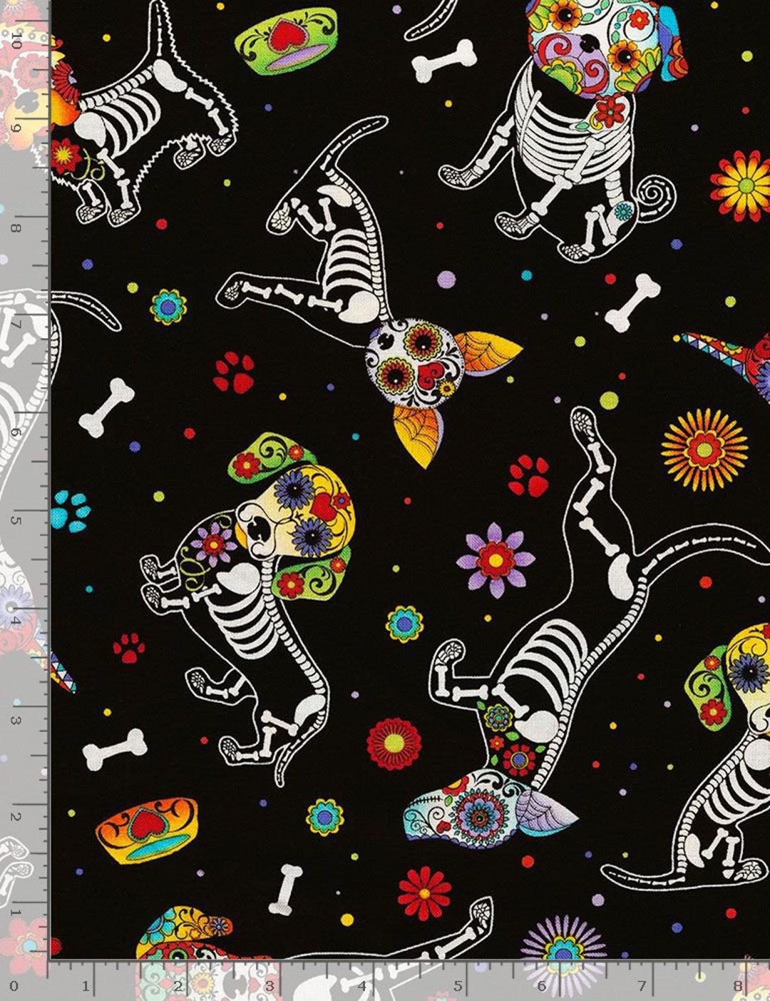 Timeless Treasures, Day of the Dead Dogs, 100% Cotton Fabric on Black ...