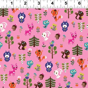 Clothworks fabrics, &quot;Forest Babes&quot; in Pink, Fox, deer and baby animals, yard