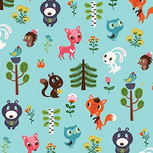 Tessuti di stoffa, &quot;Forest Babes&quot; in Blu, Volpe, cervi e animali da bambino, cortile