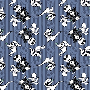 May include: A repeating pattern featuring Jack Skellington and Zero from The Nightmare Before Christmas. Jack is in his classic black and white suit, and Zero is a white ghost dog. The background has blue vertical stripes and skull imagery.