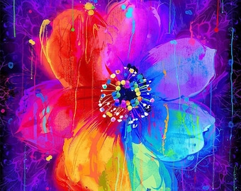 Untamed Beauty, Bright Paint Drip Flower 24" Panel, cotton fabric