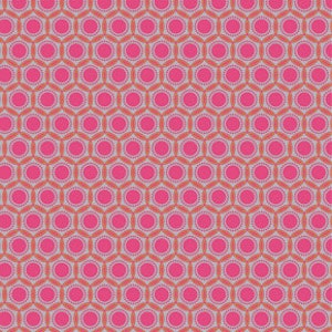 Pode incluir: Um padrão repetitivo de círculos e hexágonos rosa e laranja sobre um fundo cinza.