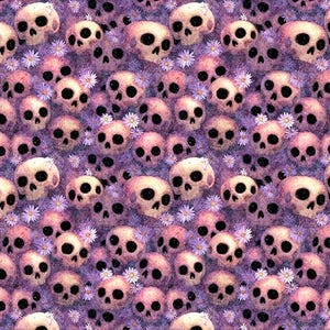 May include: A repeating pattern featuring off-white skulls with dark eye sockets and nasal cavities interspersed with small light purple daisy flowers against a textured, deep purple background, creating a dense, continuous graphic design.