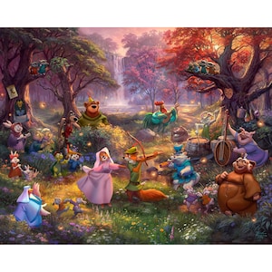 May include: A colorful illustration of characters from the Disney movie Robin Hood. The characters are gathered in a forest clearing, dancing and playing music. The scene is set at sunset, with a waterfall in the background.