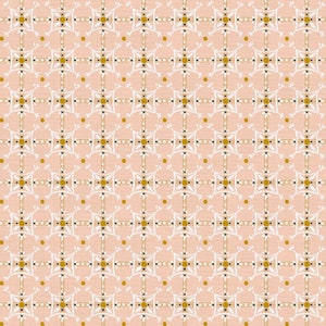 May include: A seamless pattern featuring a repeating geometric design with white, gold, and black accents on a light pink background.