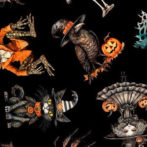 JEEPERS CREEPERS Halloween Character Toss on black, from Quilting Treasures, 100% Cotton