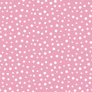 May include: A pink background with a pattern of white polka dots of varying sizes. The dots are evenly distributed across the surface, creating a playful and whimsical design. This pattern is suitable for various applications, such as fabric or wallpaper.