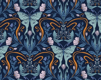 La Luna, Moonlight Butterfly in Navy,  from Paintbrush Studio Fabrics