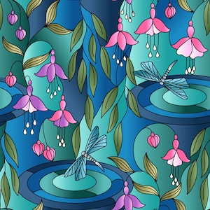 Reflections form Lewis and Irene, Flowers and Dragonflies in blue/green, yard