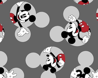 Mickey Mouse  in Micky heads on Gray,   100% Cotton, yard