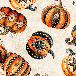 JEEPERS CREEPERS Halloween Decorative Pumpkin Toss on Cream from Quilting Treasures, 100% Cotton