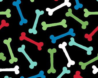 Flannel  Dog Bones on Black  COTTON FLANNEL, 100% cotton