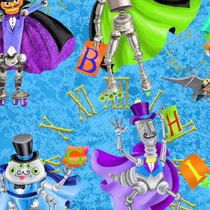 May include: A blue background with a clock face and Roman numerals. Three robots are wearing top hats and capes. Each robot is holding a letter of the alphabet. The letters are B, G, and H.