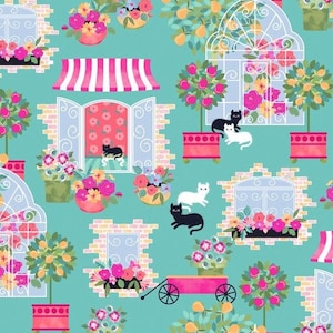 Lollie&#39;s Garden - Garden windows and Cats on Teal -Quilting Treasures