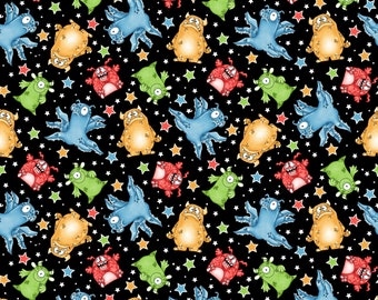 Monster'ocity  Collection, "Monsters & Stars - GLOW in the DARK" on Black, from Henry Glass Fabrics