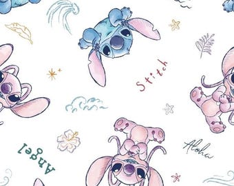 ディズニー、リロ＆スティッチ、「スティッチとエンジェルのスケッチ」白、コットン生地、1ヤード