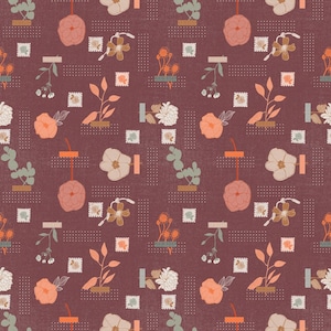 Bud to Bloom Collection, &quot;Pressed Flowers&quot; in Dark Red, Paintbrush Studio Fabrics, 100% cotton
