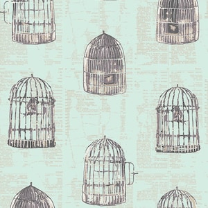 May include: A seamless pattern featuring a repeating design of vintage birdcages on a light blue background with a newspaper print overlay.