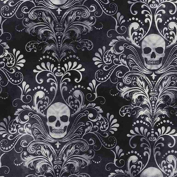 Timeless Treasures, Skull Damask Negative on Charcoal, Cotton fabric, LAST 35 Inches