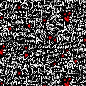 BONJOUR - New collection from  Timeless Treasures, Parisian Words on Black, yard