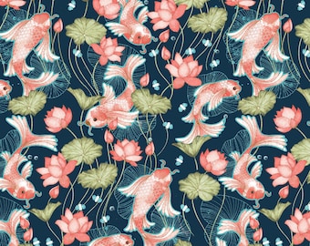 May include: A seamless pattern featuring pink koi fish swimming among pink lotus flowers and green lily pads on a dark blue background.