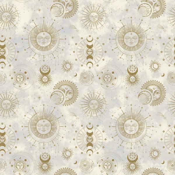 The Sun, The Moon, & the Stars by In the Beginning Fabrics, Digital Print, on beige Metallic