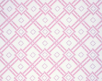 May include: A white background with a pink geometric pattern of overlapping squares and rectangles.