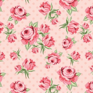 POPPY cotton, Dots & Posies  - Prize roses on Pink,  100% Cotton Fabric, Yard