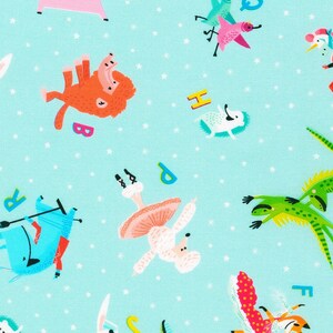 May include: A blue background with white stars features a variety of colorful animals and letters. The animals include a pink bird, a red monster, a white poodle, a blue creature, a green lizard, and a fox. The letters include H, D, R, F, and S.