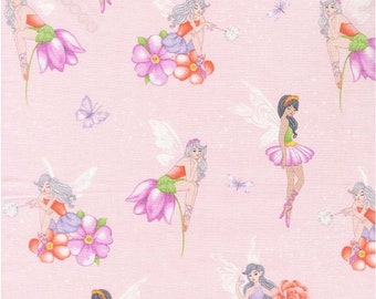 Michael Miller Fabrics, "Fairy Frolic", Fairies and Flowers on Soft pink, yard