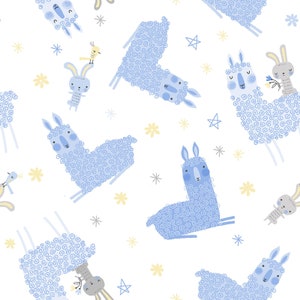 Contempo Fabrics, Blue Llama&#39;s and bunnies, &quot;Baby Buddies&quot; on white, yard