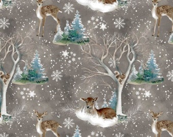 Studio E, "Cold Winter Morning",  Fawn Scenic on Taupe, 100% cotton