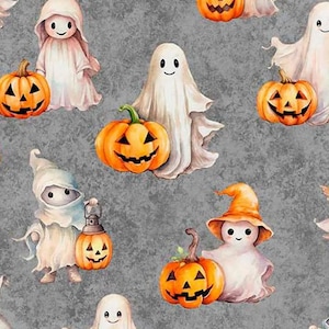 May include: A repeating pattern featuring cartoon ghosts and jack-o'-lanterns on a gray background. The ghosts are white with smiling faces, some wearing hats. The pumpkins are orange with carved faces, perfect for Halloween.