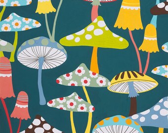 RJR ~ Bright Toadstools & Mushrooms Blue ~ 100% Cotton Quilt Sewing Fabric BTY 
