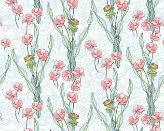 May include: A seamless pattern featuring pink flowers, green leaves, and green frogs on a white background with a blue swirl pattern.