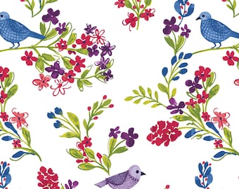 Clothworks, From Ellen Crimi-Trent, "Marguerite", Blue Birds and Red Flowers, yard