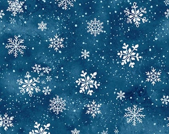 May include: A seamless pattern of white snowflakes on a dark blue background. The snowflakes are of various sizes and shapes, and they are scattered randomly across the surface. The background is a watercolour wash of blue, with some white speckles.