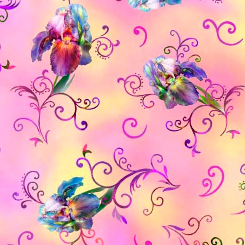 May include: A seamless pattern featuring watercolor iris flowers in shades of purple, pink, and yellow. The flowers are surrounded by intricate swirls and vines in a pink and yellow ombre background.