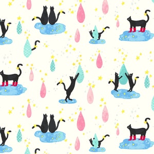 Snazzy Cats, Rainy day Cats on cream from Cosmo Textiles, 100% Cotton