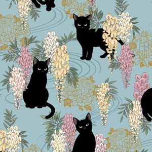 Quilt Gate Fabrics, Neko Mini Metallic  Cats , Blue Wisteria Floral, 100% cotton