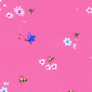 Bee Free by Lauren Wan,  Bees and Butterflies on Bright Pink, 100% cotton