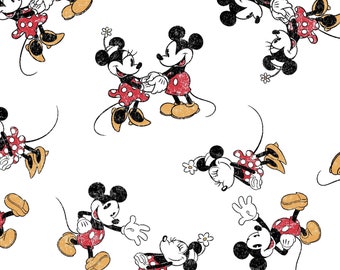 Mickey &Minnie Vintage Scattered on white 100% Cotton on white, yard