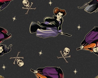 Hocus Pocus -Witches on Brooms on Grey, cotton fabric, yard