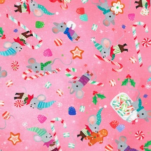 Jingle Pals, bastones de caramelo y ratones en rosa - Robert Kaufman, tela 100% algodón