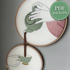 Könnte beinhalten: Stickerei-Hoop-Kunst mit einer grünen Teekanne, die Tee in eine grüne Teetasse gießt. Die Teetasse befindet sich in einem kleineren Reifen unter der Teekanne. Das Design ist auf weißen Stoff gestickt.