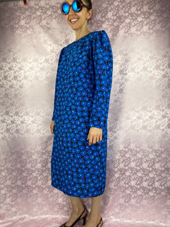 Vintage 80s 90s floral abstract midi dress,blue p… - image 9